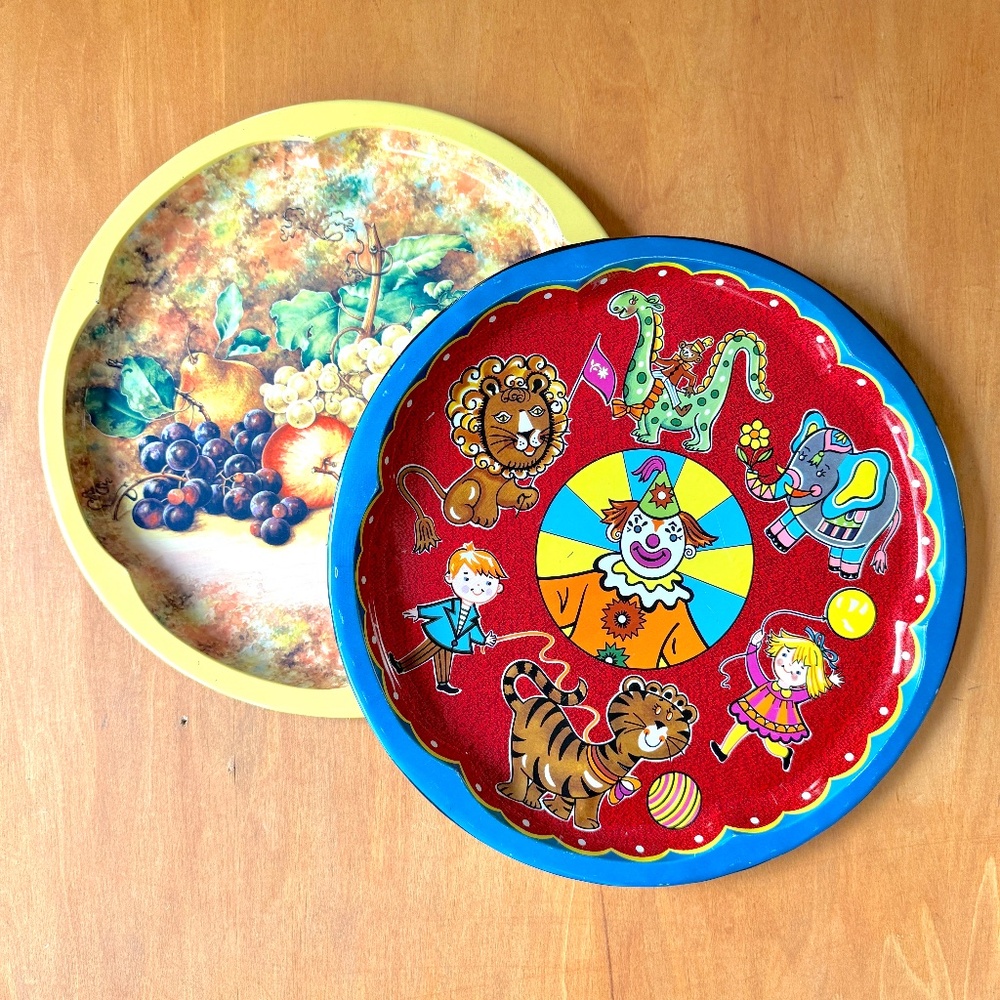 Daher Trays Set of 2, Decorated Metal Ware, Circus, Fruit